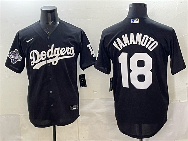 Men's Black Los Angeles Dodgers #18 Yoshinobu Yamamoto 2025 World Series Champions Patch Cool Base Stitched Baseball Jersey